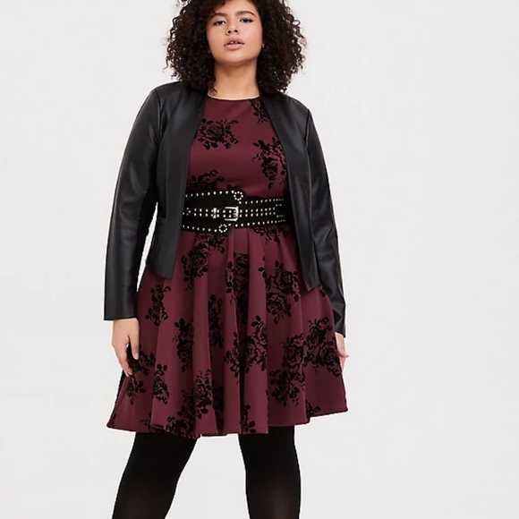 Torrid Burgundy Flocked Floral Skater Dress - Picture 3 of 4